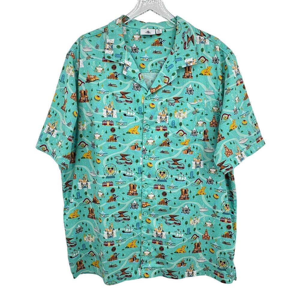 Disney Parks Life shirt men's XL Disneyland attractions all over print button up